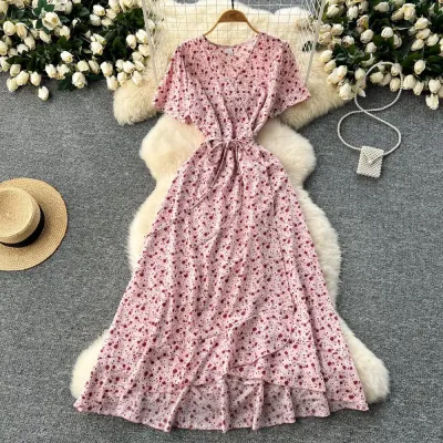 SHORT-SLEEVED FLORAL DRESS FOR WOMEN